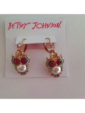 Betsey Johnson Pearl Critters Owl Drop Earrings New
